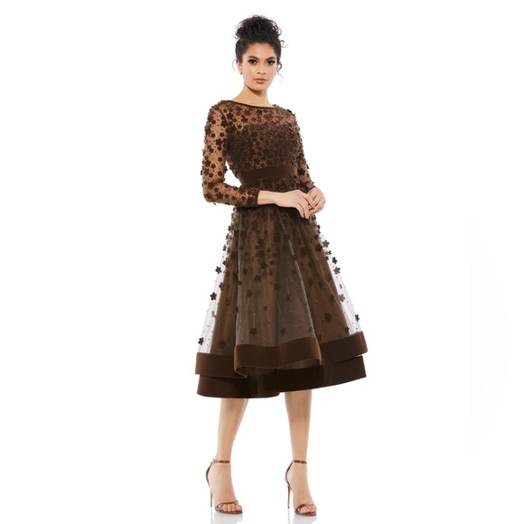 MAC DUGGAL NWT EMBELLISHED ILLUSION HIGHNECK LONG SLEEVE $498 Style 67007 Coffee - Picture 1 of 5